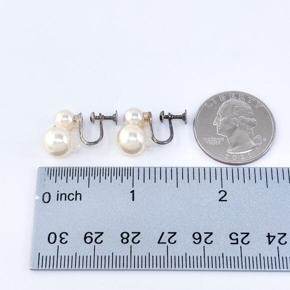 Vintage Sterling Silver 925 Faux Pearl Double Drop Screwback Earrings - Picture 8 of 8